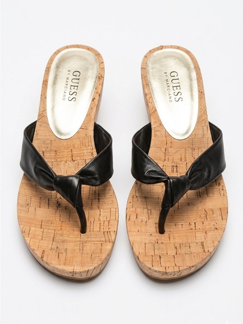 Guess Sandals by MARCIANO Wedge Leather Flip Flops Cork Soles H2โ Black 9